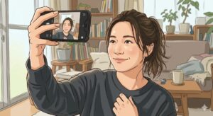 素顔を写メしている様子のイラスト